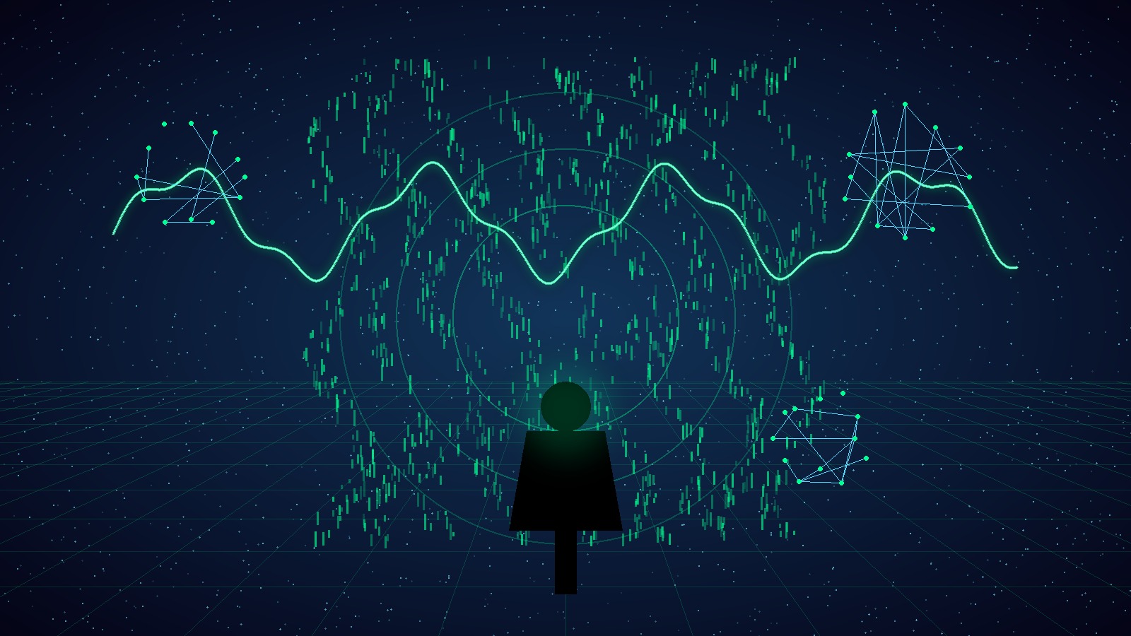 Silhouette face à une interface cosmique simulée